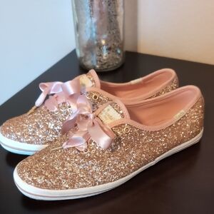 Kate Spade Pink and Gold Glitter Sneakers with Ribbon Laces